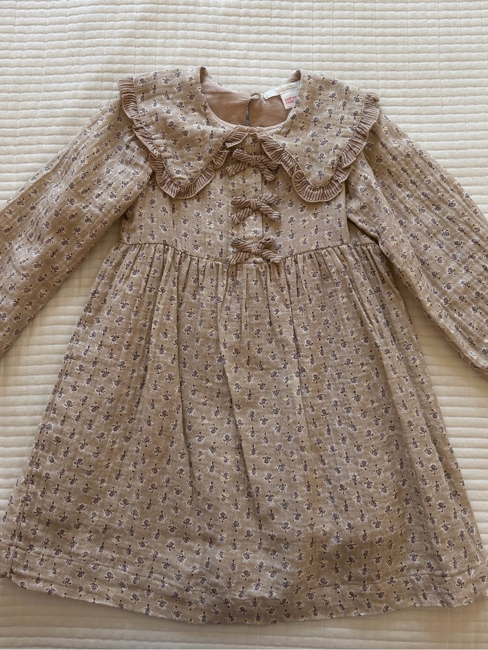 5T Floral Long-Sleeve Dress with Peter Pan Collar - Beige/dusty pink